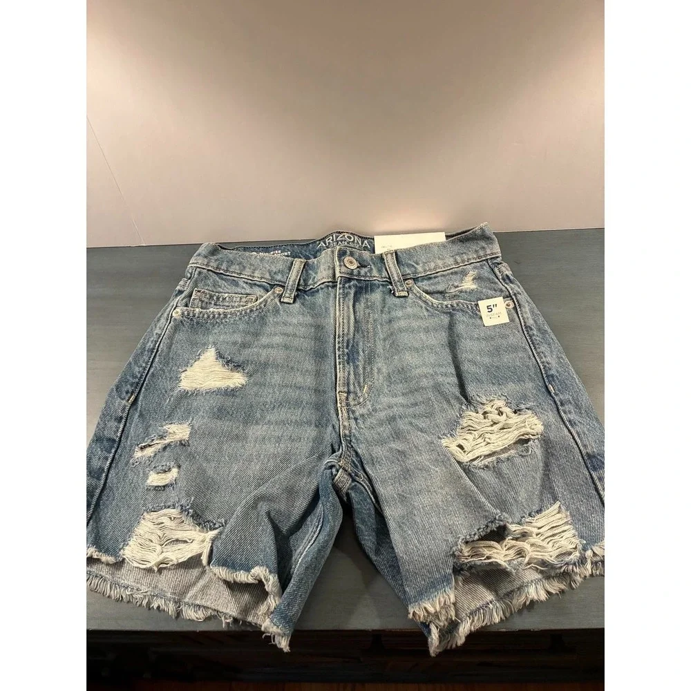 Arizona Jean Co Womens Size 0‎ Distressed Denim Shorts Mid-Rise Long 5